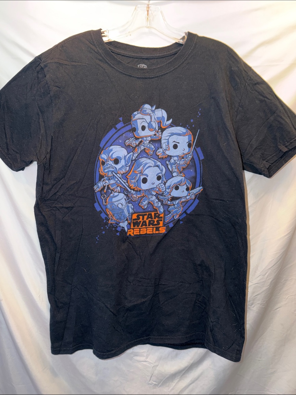 Star Wars, Black Tee, Blue & Orange Rebels, SZ M, PTP 22”, L 30”, (T4-332)